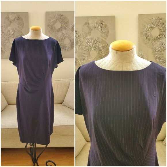 🌹 TAHARI 🌹 Flutter Sleeve Pinstripe Dress - [Size 16, Navy Blue] - Picture 1 of 11